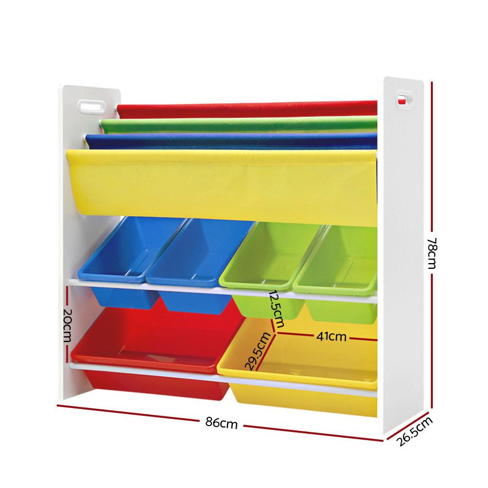 Keezi Kids Bookcase featuring three shelves and six colorful removable storage boxes, designed for children's books and toy organization.